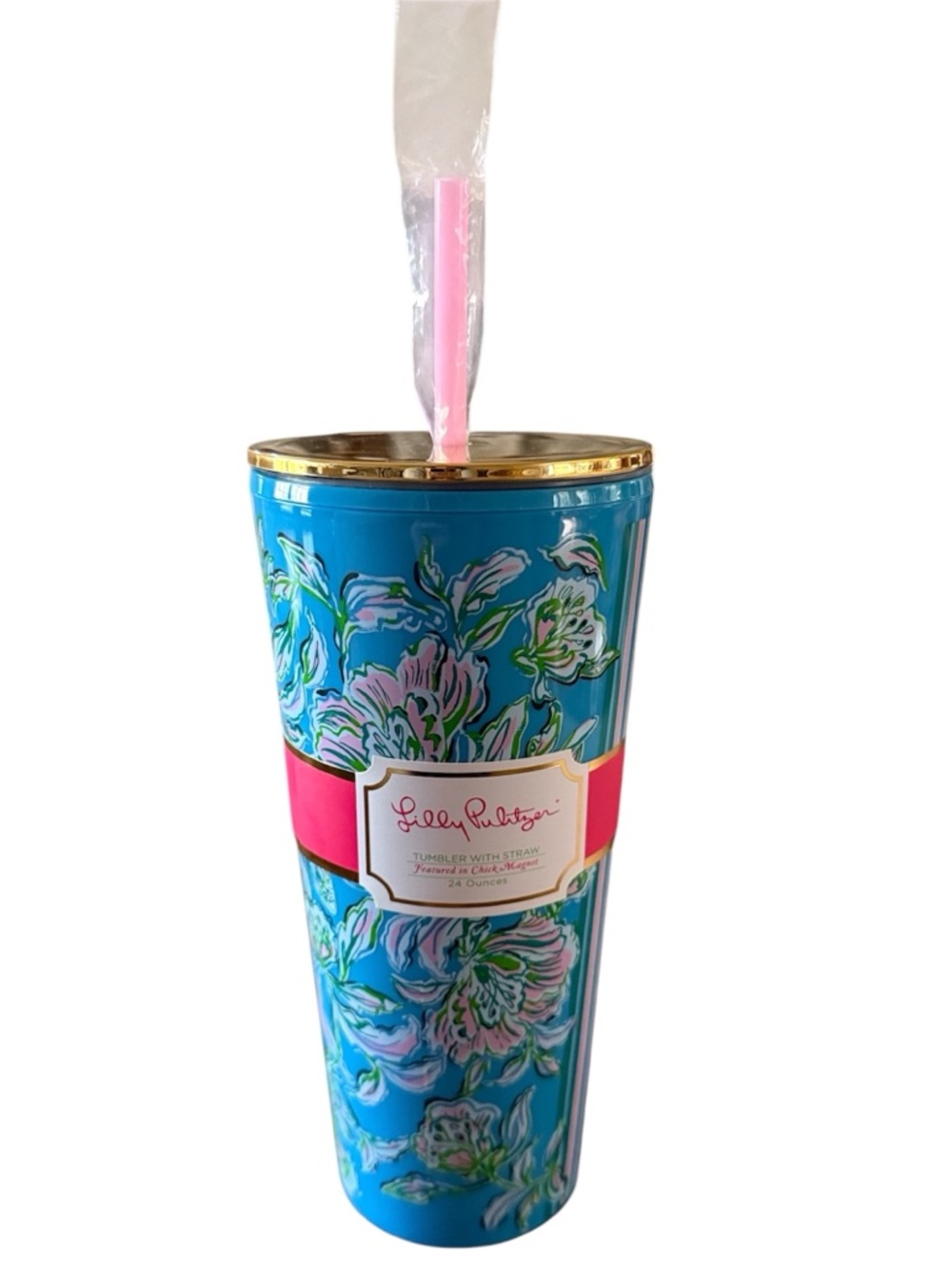 Lilly Pulitzer Turquoise Floral 24 Ounce Travel Tumbler in Chick Magnet, NWT